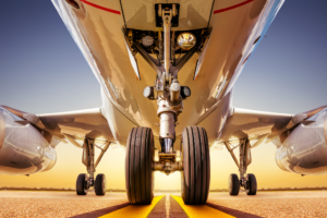 Avião comercial visto por baixo durante pouso, com trem de pouso acionado sobre a pista.