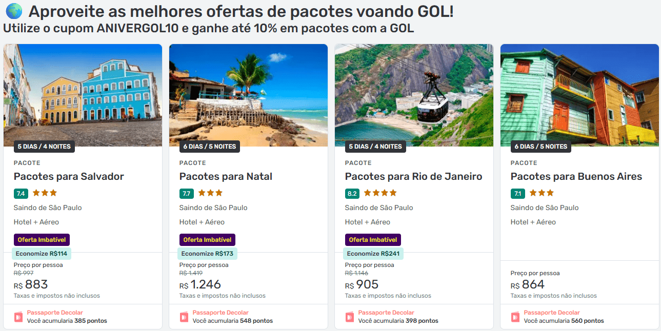 Página da Decolar exibindo pacotes de viagem com hotel e aéreo para diferentes destinos