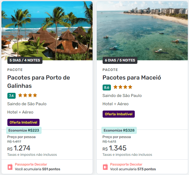 Pacotes de viagem exibidos na Decolar para Porto de Galinhas e Maceió
