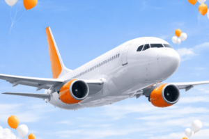 Avião voando com balões no céu