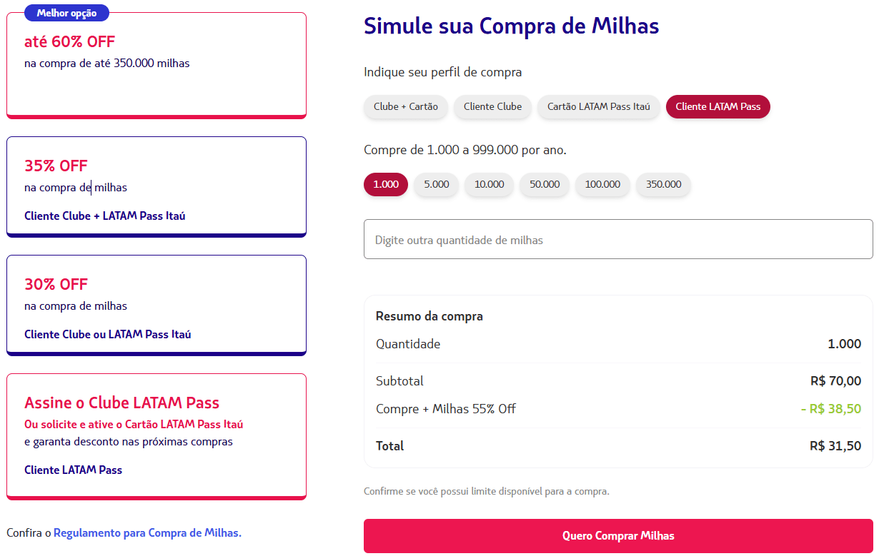 Tela de simulação de compra de milhas no site da LATAM Pass com desconto aplicado e valor final exibido