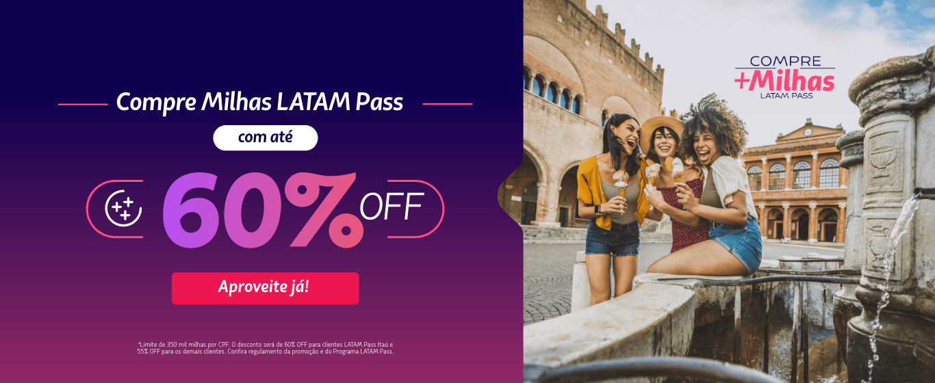 Banner promocional da LATAM Pass informando desconto de até 60% na compra de milhas
