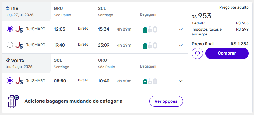 Tela do site da Decolar exibindo voo de ida e volta de São Paulo para Santiago com preço a partir de R$ 1.252