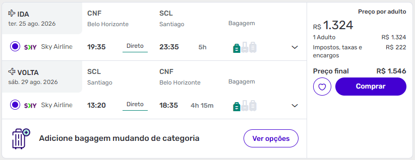 Resultado de busca da Decolar para voo de ida e volta de Belo Horizonte para Santiago a partir de R$ 1.546