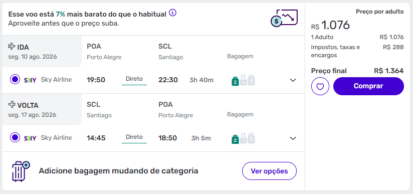 Tela do site da Decolar mostrando voo de ida e volta de Porto Alegre para Santiago a partir de R$ 1.364