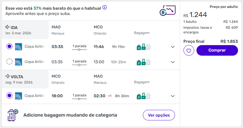 Resultado de busca da Decolar com passagens Manaus Orlando em março de 2026