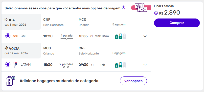 Resultado da Decolar com passagens Belo Horizonte Orlando em março de 2026