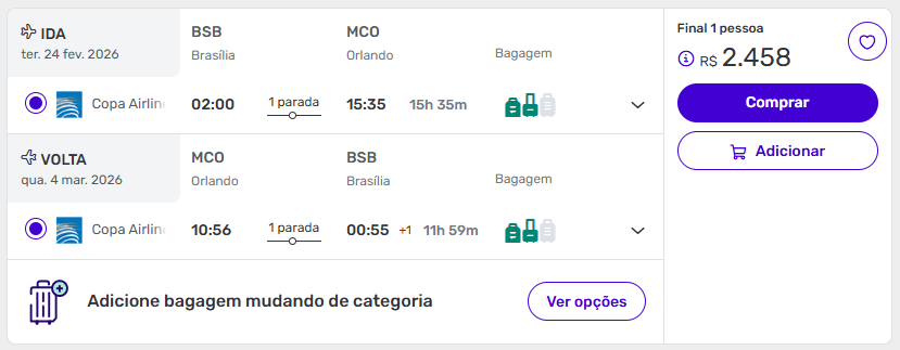 Busca de voos Brasília Orlando com datas entre fevereiro e março de 2026