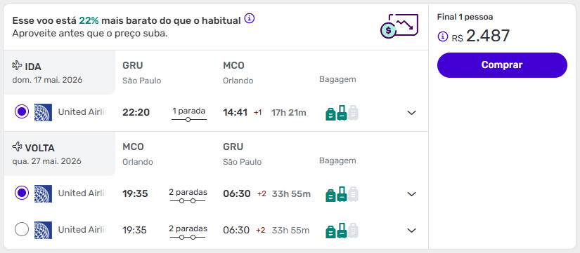 Tela da Decolar com voos São Paulo Orlando em maio de 2026