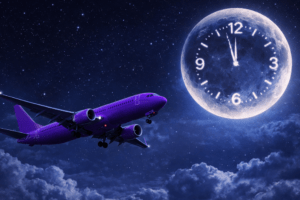 Avião roxo voando à noite com a lua ao fundo em formato de relógio