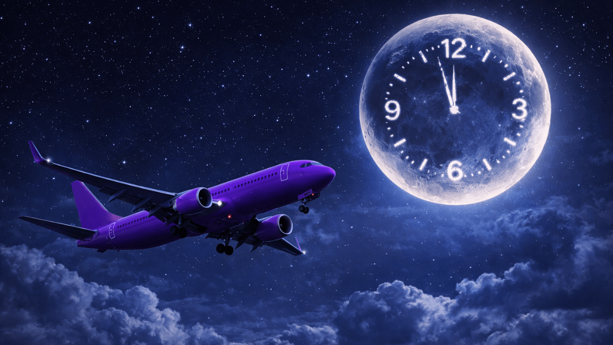 Avião roxo voando à noite com a lua ao fundo em formato de relógio