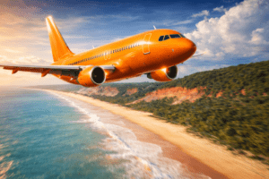 Avião laranja sobrevoando praia do Nordeste