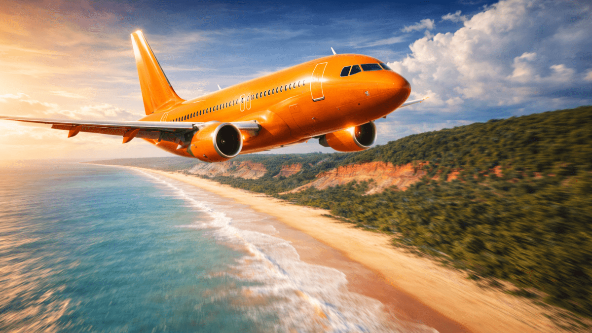 Avião laranja sobrevoando praia do Nordeste