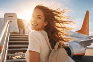 Mulher sorrindo enquanto sobe a escada de embarque de um avião