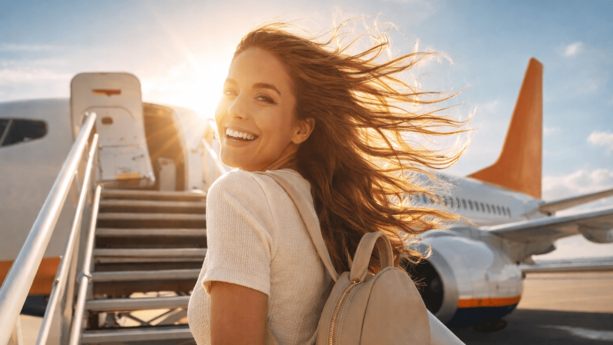 Mulher sorrindo enquanto sobe a escada de embarque de um avião