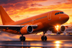 Avião laranja decolando com o pôr do sol ao fundo