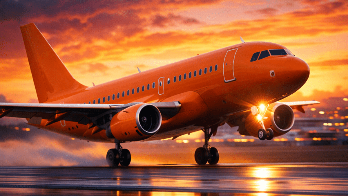 Avião laranja decolando com o pôr do sol ao fundo
