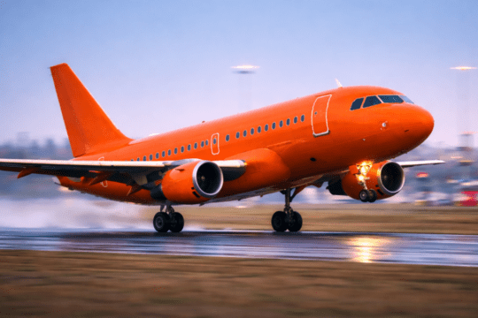 Avião laranja levantando voo