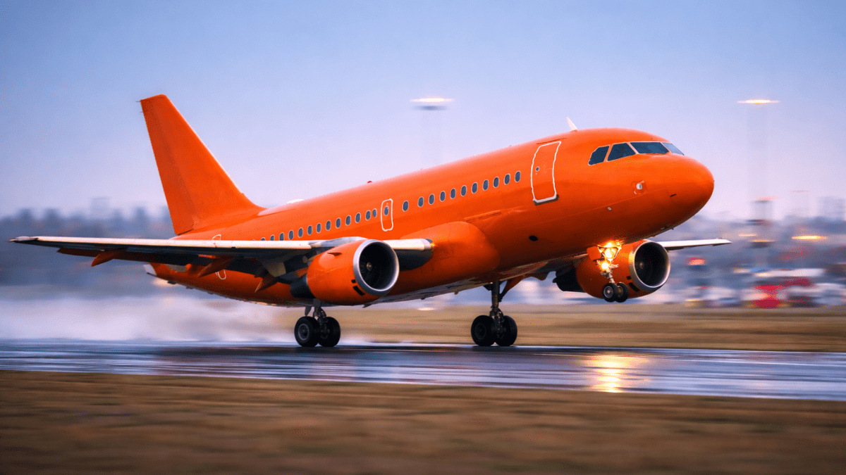 Avião laranja levantando voo