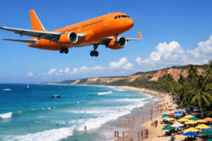 Avião laranja sobrevoando praia no Nordeste do Brasil