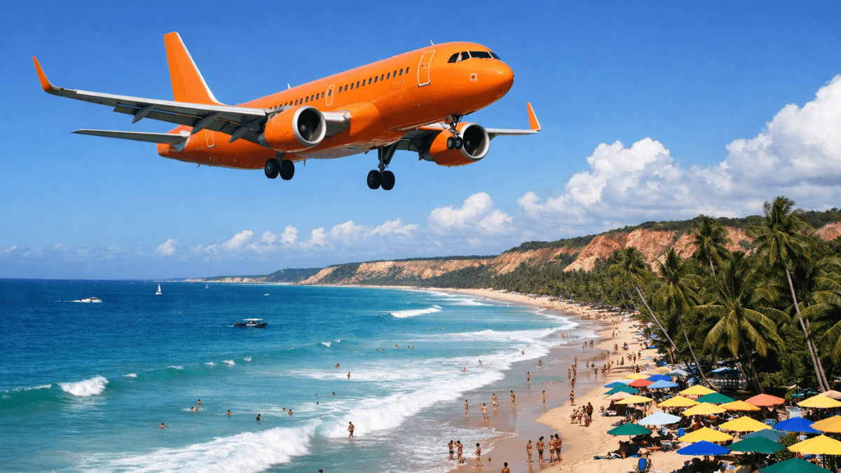 Avião laranja sobrevoando praia no Nordeste do Brasil