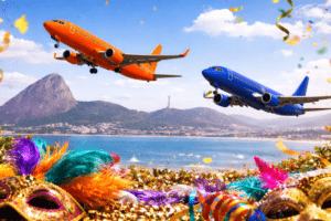 Dois aviões, um laranja e um azul, sobre o Rio de Janeiro com confetes no céu