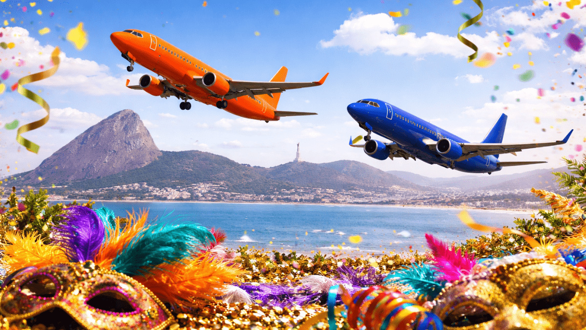 Dois aviões, um laranja e um azul, sobre o Rio de Janeiro com confetes no céu