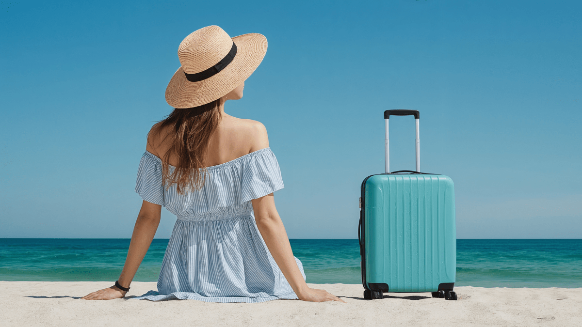 Mulher na praia com mala de viagem azul