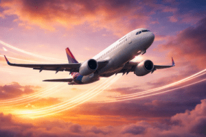 Avião entre nuvens e um céu colorido