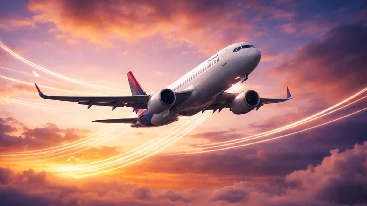 Avião entre nuvens e um céu colorido