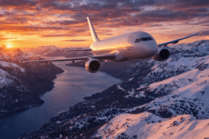 Avião e montanhas nevadas