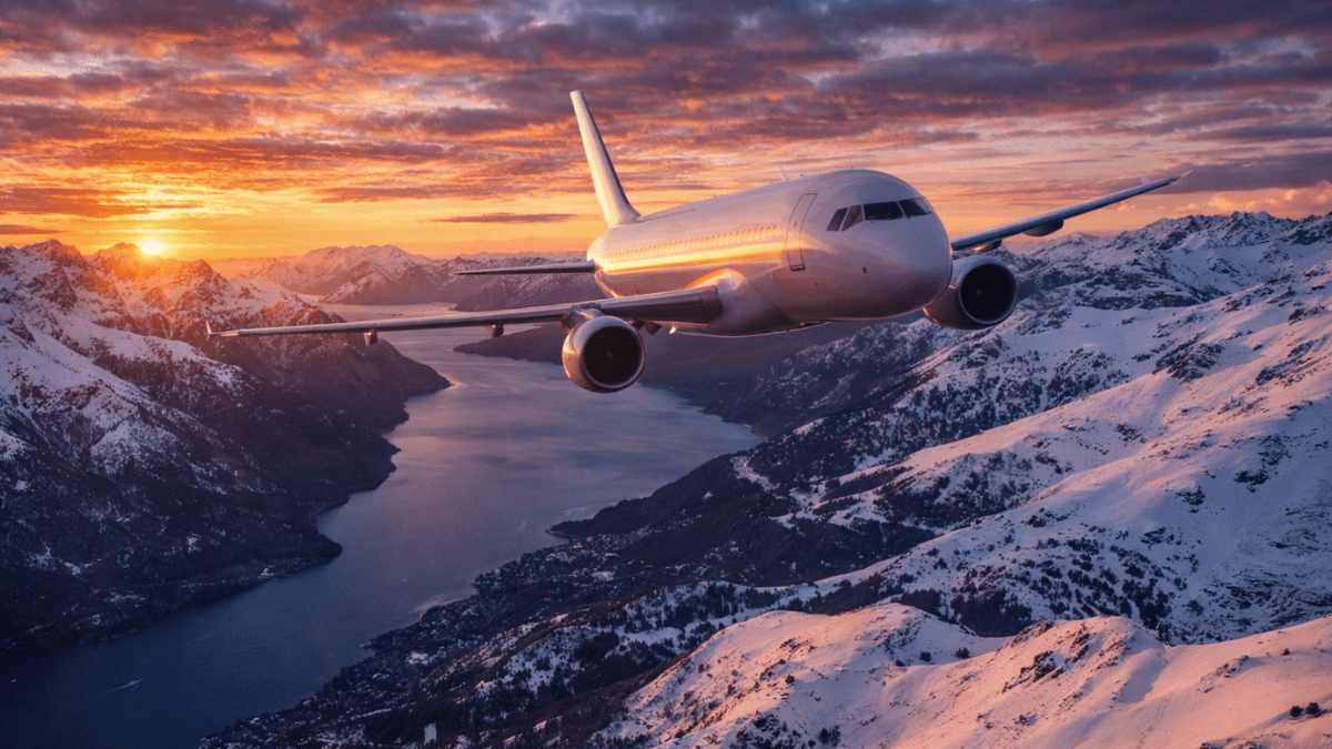 Avião e montanhas nevadas