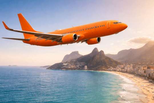 Avião laranja sobrevoando o Rio de Janeiro