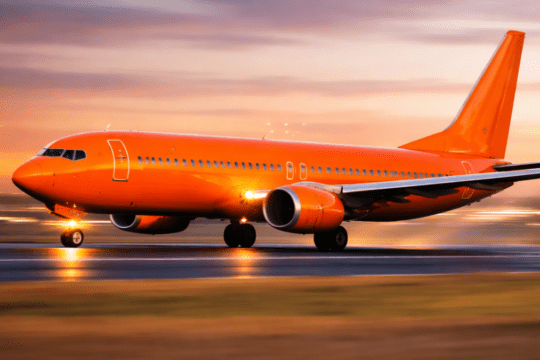 Avião laranja tomando velocidade
