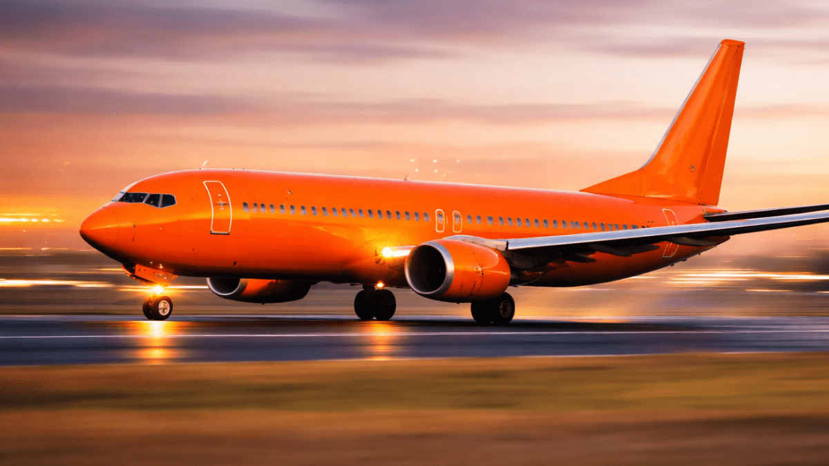 Avião laranja tomando velocidade