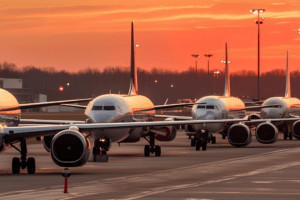 Aviões na pista aguardando para decolagem