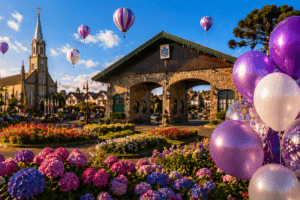 Cidade de Gramado no Rio Grande do Sul com balões de festa