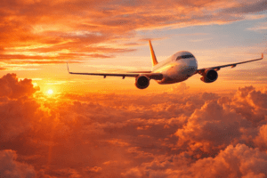 Avião acima das nuvens com o sol ao fundo