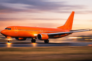 Avião laranja em velocidade na pista