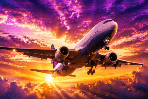 Avião no céu colorido pelo pôr do sol