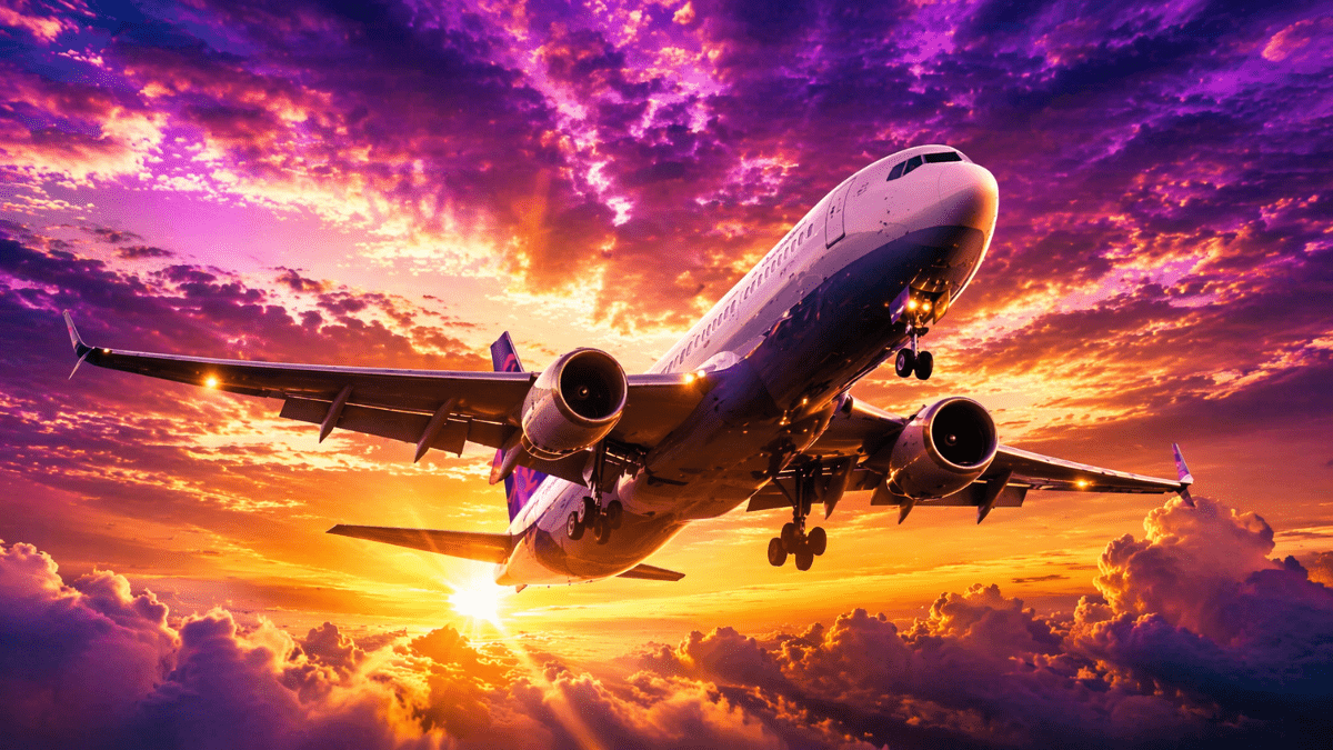 Avião no céu colorido pelo pôr do sol