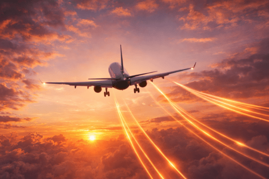 Avião voando durante o pôr do sol