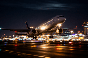 Avião comercial decolando à noite em aeroporto iluminado, com pista molhada e luzes coloridas ao fundo.