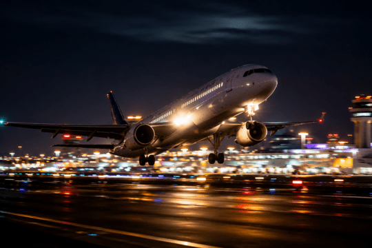 Avião comercial decolando à noite em aeroporto iluminado, com pista molhada e luzes coloridas ao fundo.
