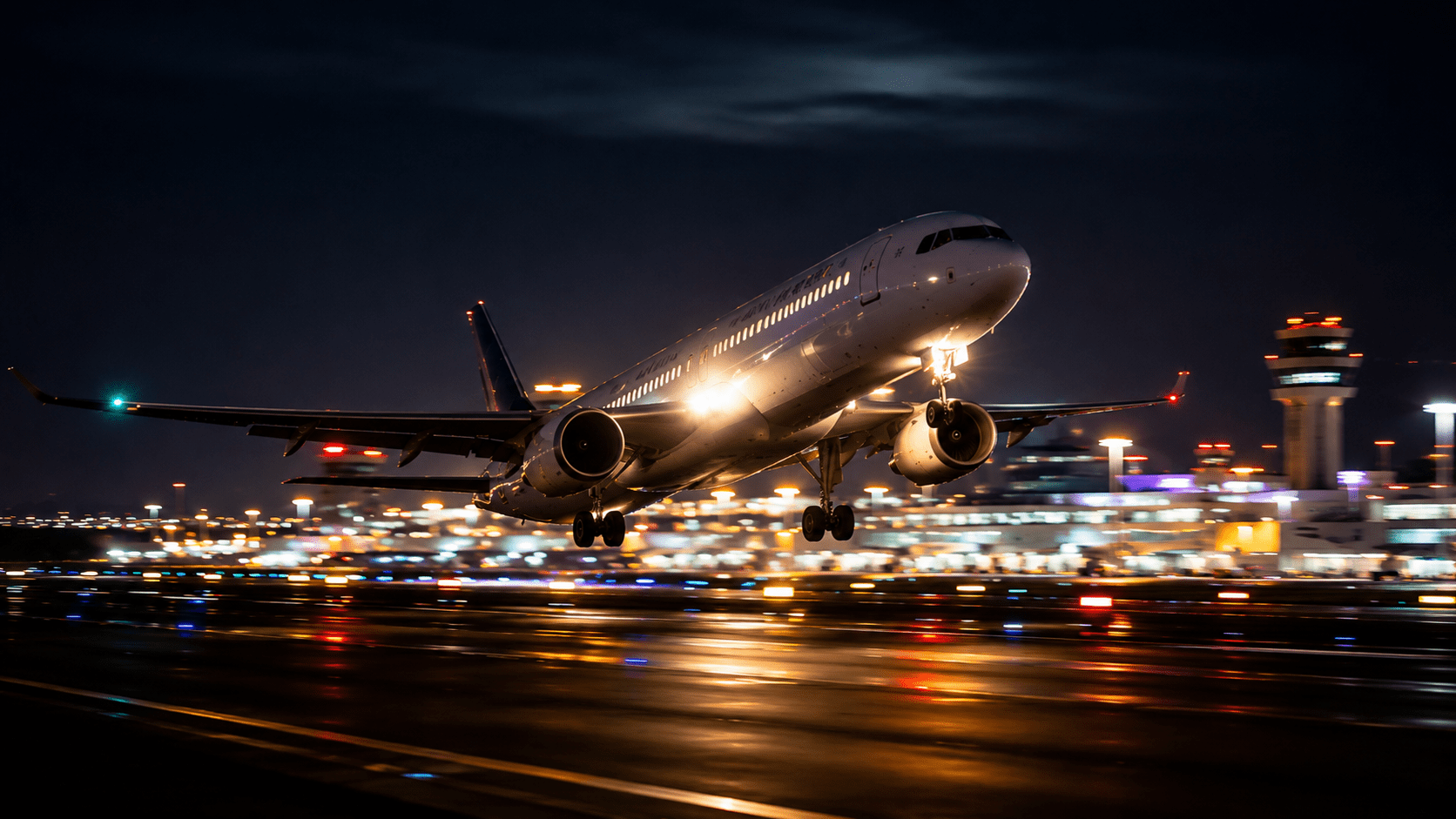 Avião comercial decolando à noite em aeroporto iluminado, com pista molhada e luzes coloridas ao fundo.