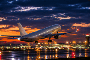 Avião comercial decolando ao entardecer em aeroporto iluminado, com pista molhada refletindo as luzes e céu dramático ao fundo.