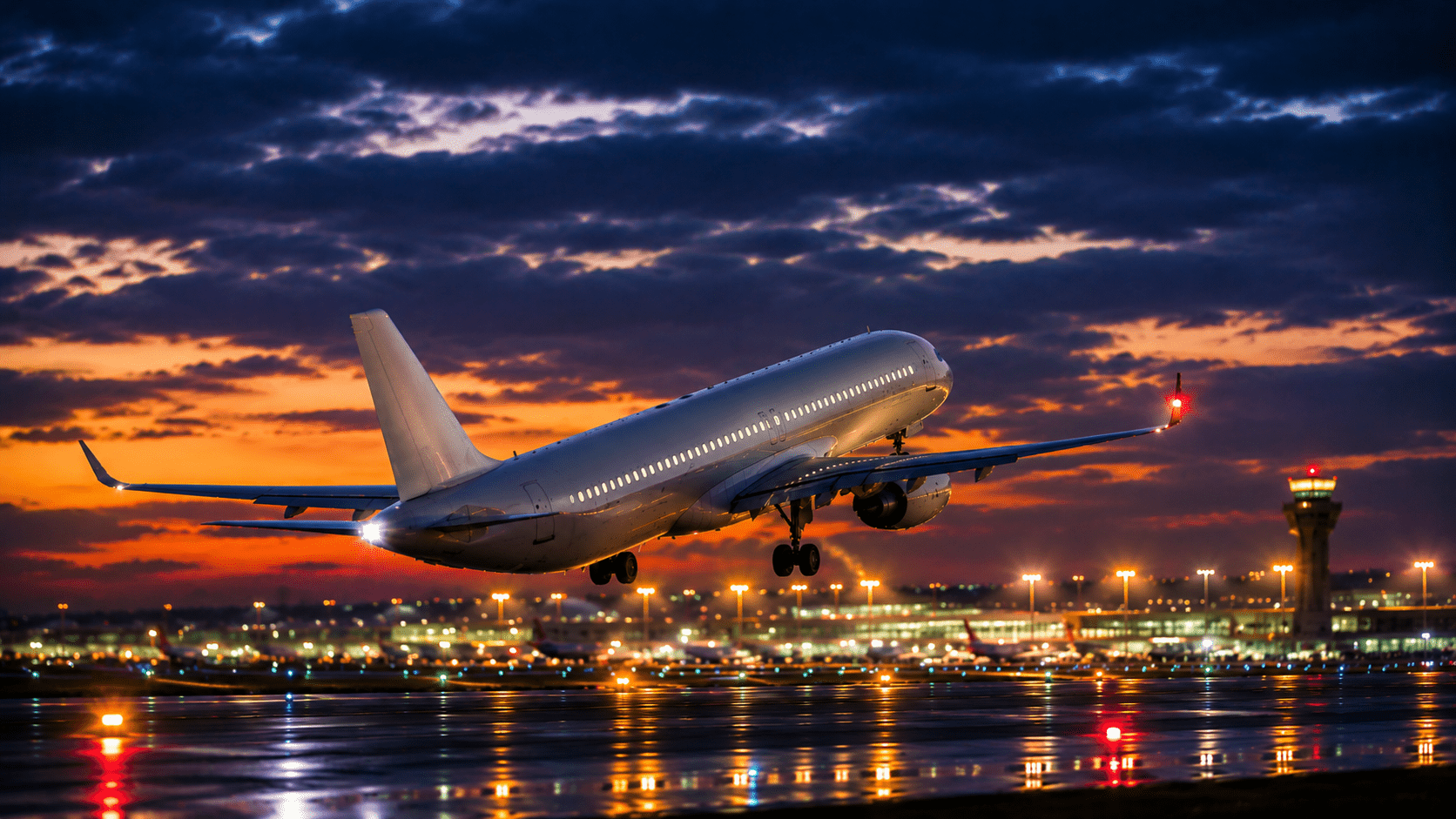 Avião comercial decolando ao entardecer em aeroporto iluminado, com pista molhada refletindo as luzes e céu dramático ao fundo.