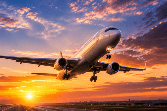 Avião comercial decolando ao pôr do sol em aeroporto.