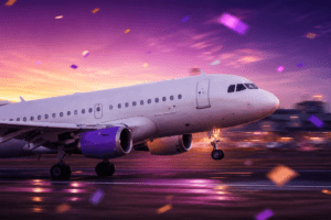 Avião comercial em movimento na pista de aeroporto com fundo desfocado e iluminação ao entardecer