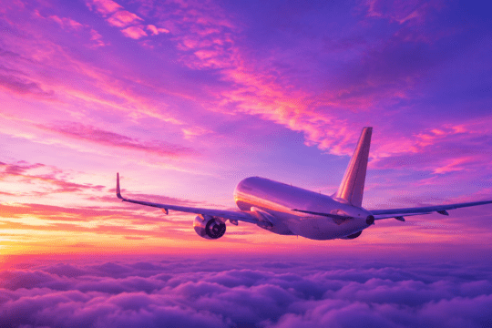 Avião comercial voando acima das nuvens durante o pôr do sol